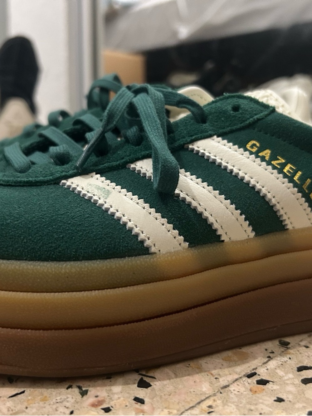 adidas Dark Green Suede Platform Sneakers with White Stripes - Picture 5 of 5
